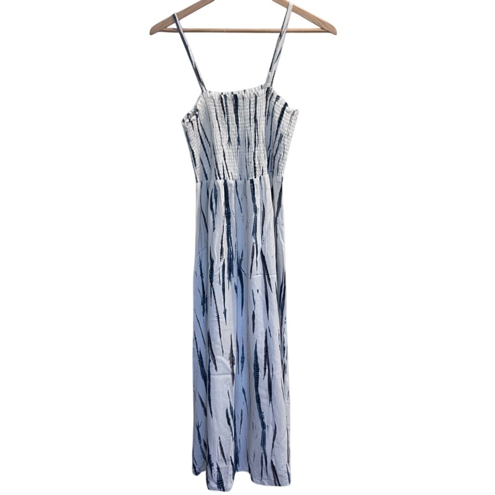 Soft Surroundings Blue White Tie Dye Smocked Maxi Dress Petite Large Beach Coast